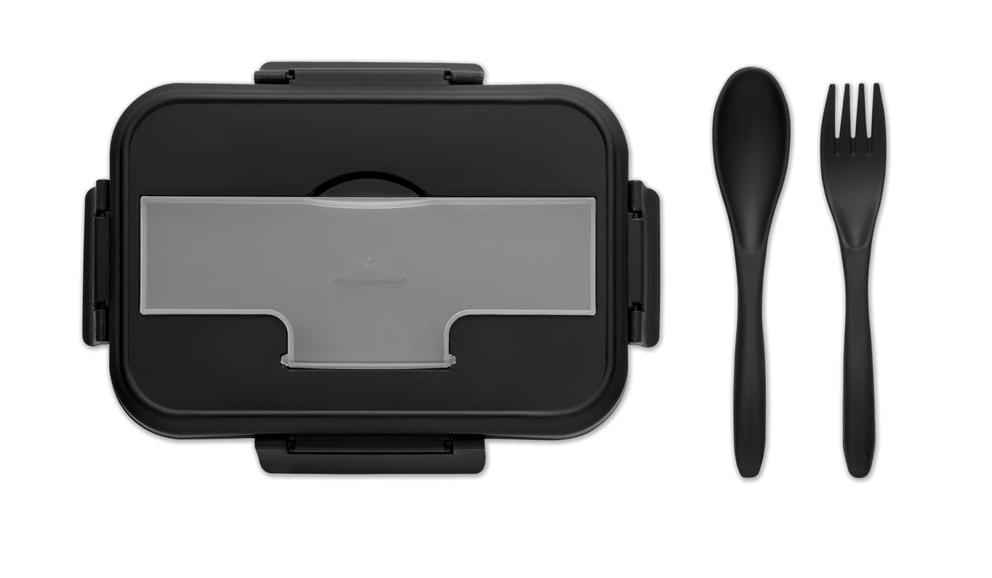 Lunchbox aus PP mit 2 Ebenen. Inkl. passendem Besteck und Henkel. Füllmenge