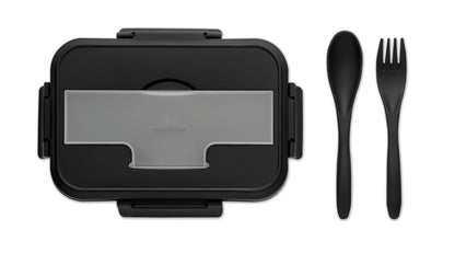 Lunchbox aus PP mit 2 Ebenen. Inkl. passendem Besteck und Henkel. Füllmenge