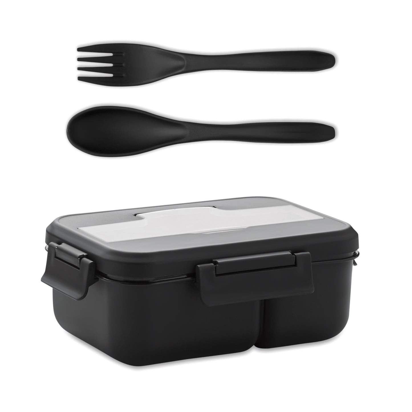Lunchbox aus PP mit 2 Ebenen. Inkl. passendem Besteck und Henkel. Füllmenge