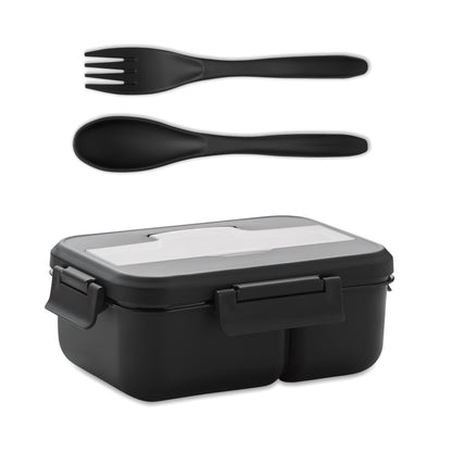 Lunchbox aus PP mit 2 Ebenen. Inkl. passendem Besteck und Henkel. Füllmenge