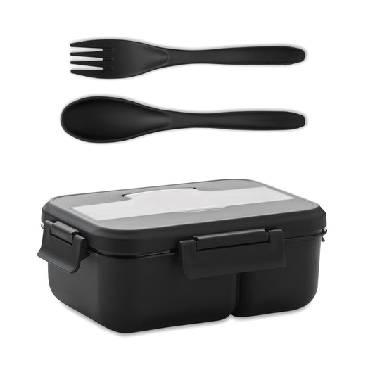 Lunchbox aus PP mit 2 Ebenen. Inkl. passendem Besteck und Henkel. Füllmenge