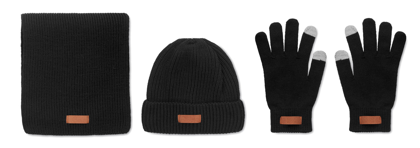 3-teilige Winter-Accessoires. Inklusive Mütze Schal und taktilen Handschuhen aus RPET. Mit Label