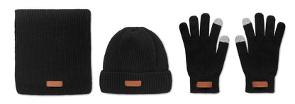 3-teilige Winter-Accessoires. Inklusive Mütze Schal und taktilen Handschuhen aus RPET. Mit Label