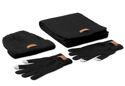 3-teilige Winter-Accessoires. Inklusive Mütze Schal und taktilen Handschuhen aus RPET. Mit Label