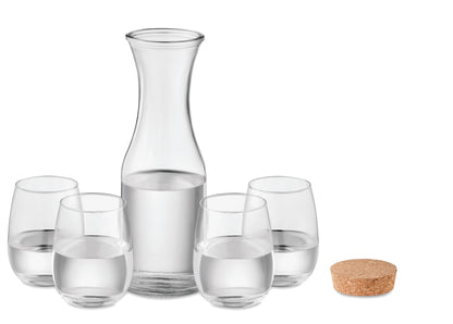 Getränke-Set aus recyceltem Glas. Enthält eine Karaffe (1L) mit Verschluss aus Kork