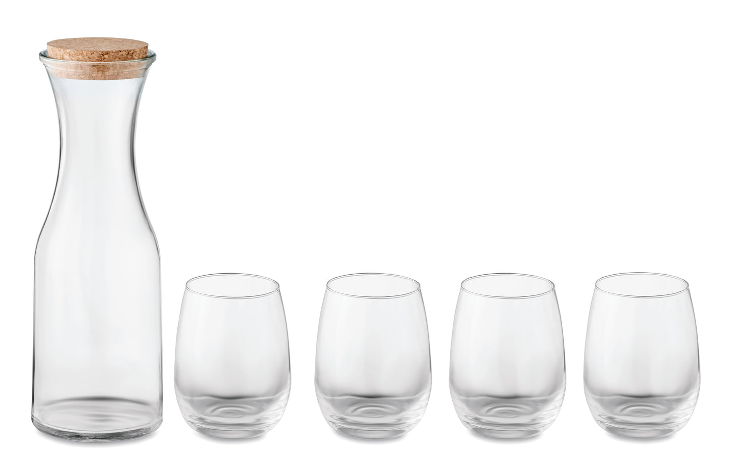 Getränke-Set aus recyceltem Glas. Enthält eine Karaffe (1L) mit Verschluss aus Kork