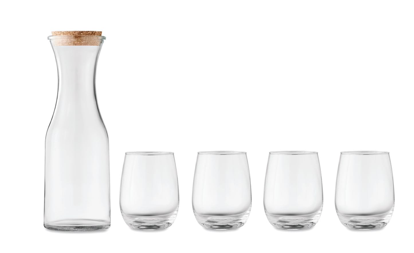 Getränke-Set aus recyceltem Glas. Enthält eine Karaffe (1L) mit Verschluss aus Kork