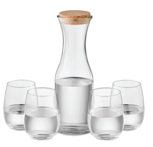 Getränke-Set aus recyceltem Glas. Enthält eine Karaffe (1L) mit Verschluss aus Kork