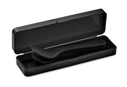 Wiederverwendbares Besteck-Set mit Messer Gabel Löffel im passenden Etui.