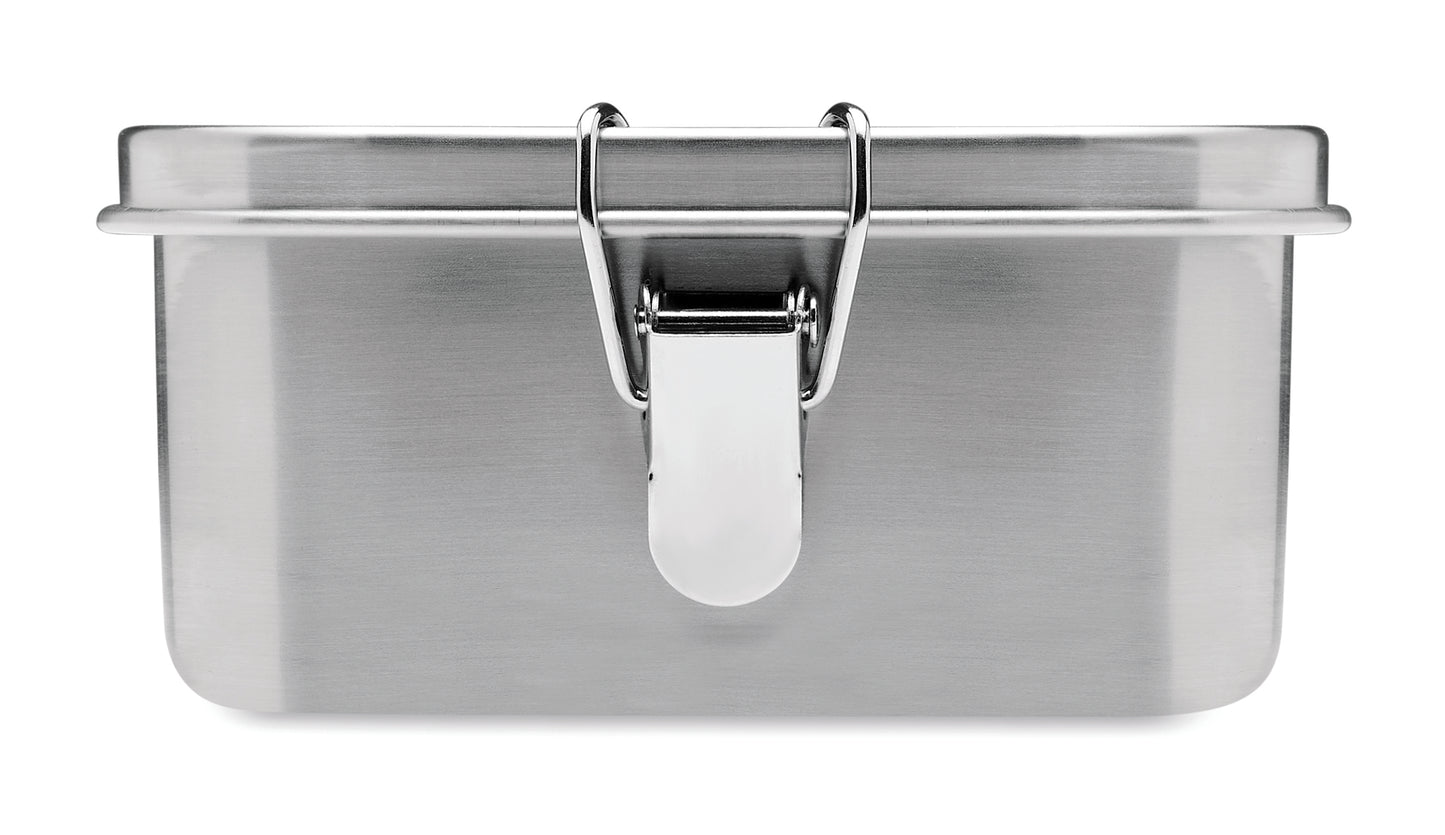 Lunchbox aus Edelstahl mit starken Halteklammern. Inkl. Trennwand. Füllmenge: 1200 ml.