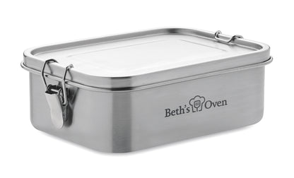Lunchbox aus Edelstahl mit starken Halteklammern. Inkl. Trennwand. Füllmenge: 1200 ml.