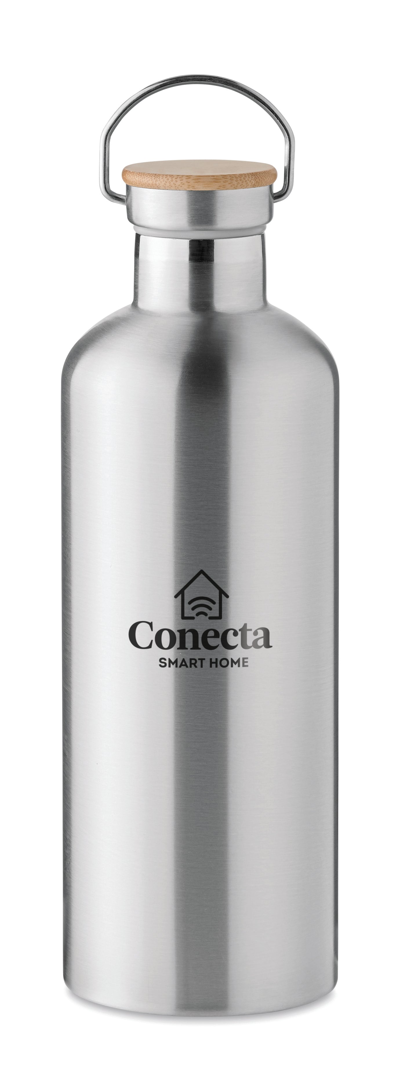 Doppelwandige Isolierflasche aus Edelstahl. Deckel aus Bambus mit Henkel. Füllmenge: 1500 ml.
