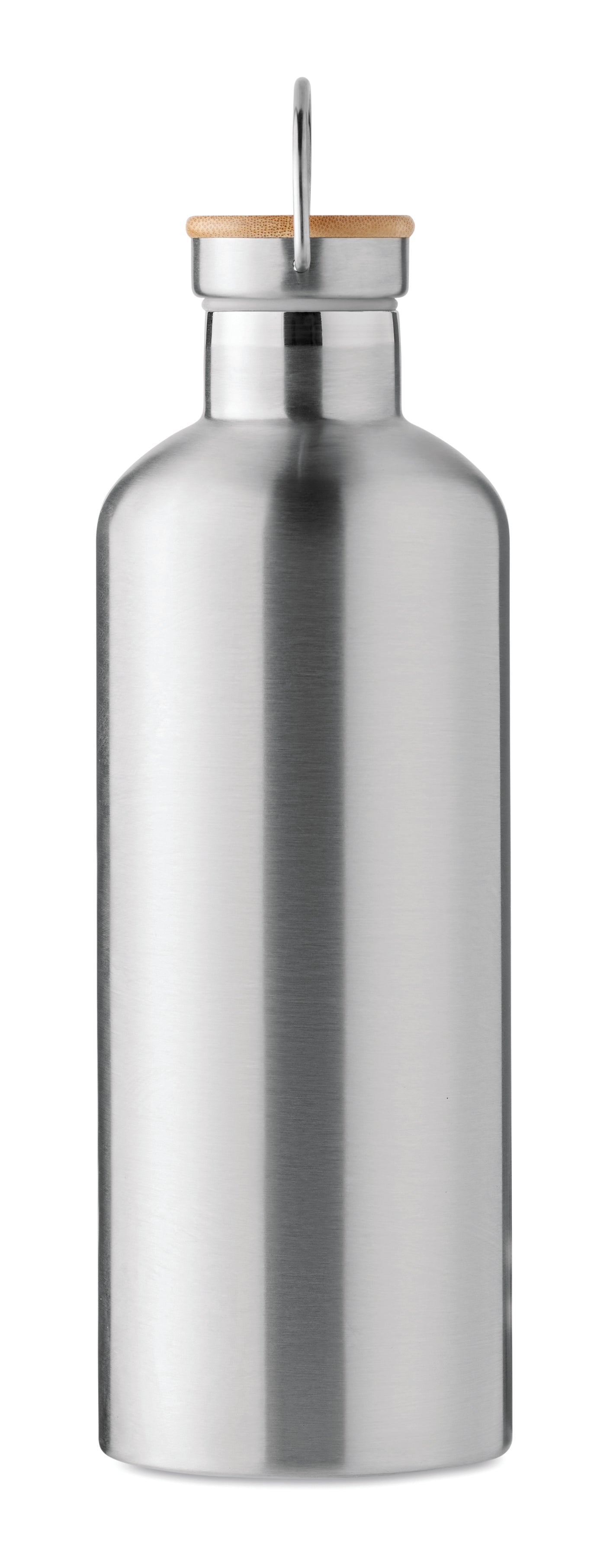 Doppelwandige Isolierflasche aus Edelstahl. Deckel aus Bambus mit Henkel. Füllmenge: 1500 ml.