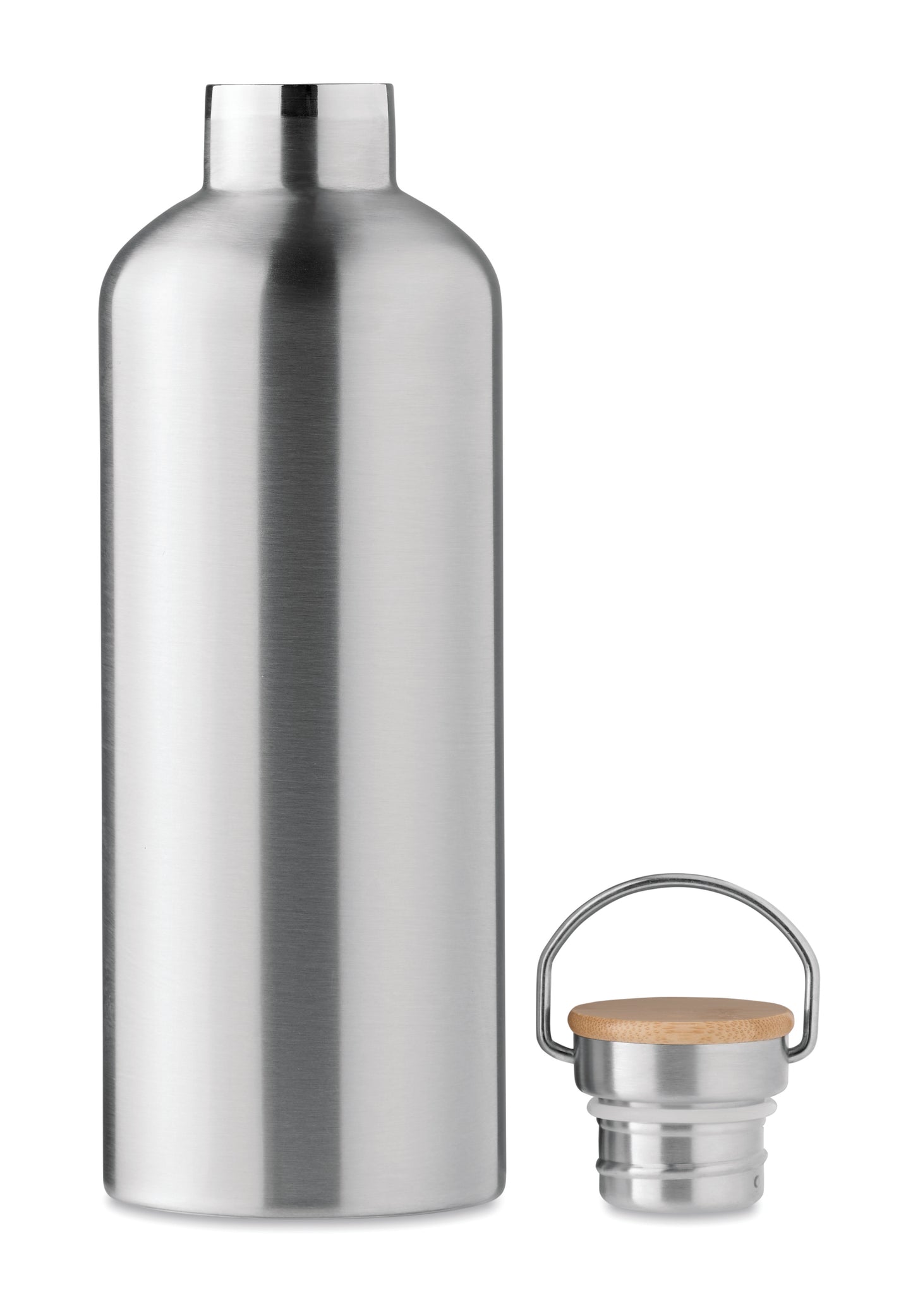 Doppelwandige Isolierflasche aus Edelstahl. Deckel aus Bambus mit Henkel. Füllmenge: 1500 ml.