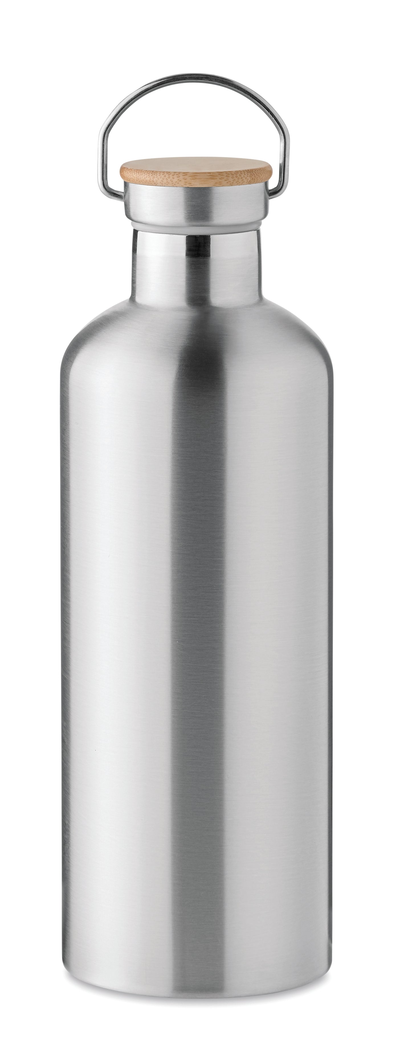 Doppelwandige Isolierflasche aus Edelstahl. Deckel aus Bambus mit Henkel. Füllmenge: 1500 ml.