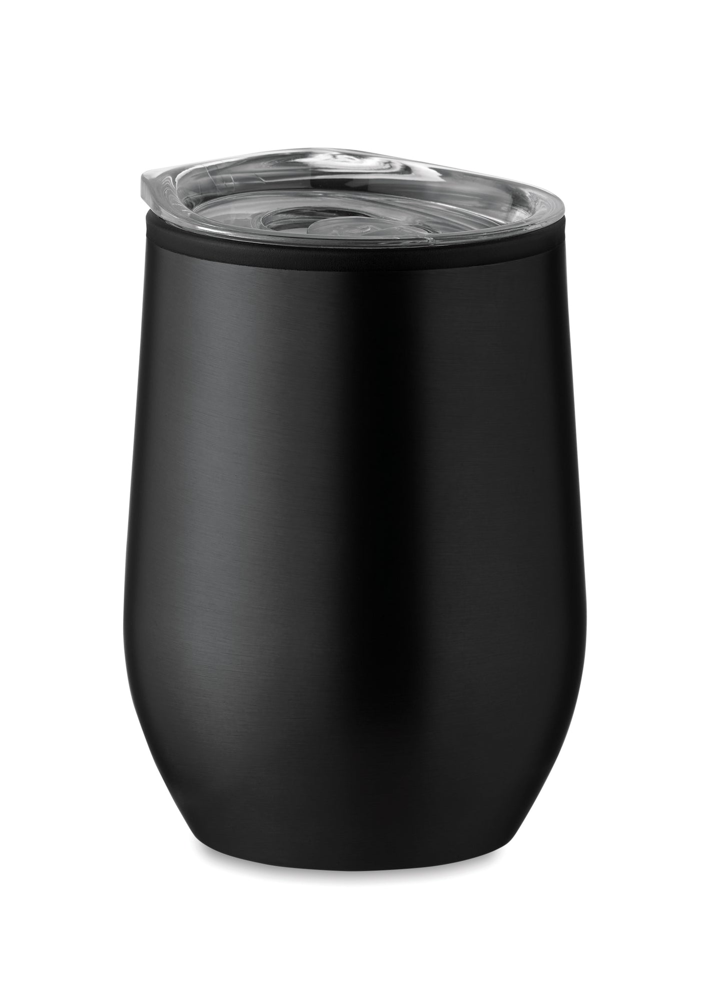 Doppelwandiger Trinkbecher aus Edelstahl mit PP-Innenseite und transparentem PS-Deckel. Füllmenge: 350 ml.