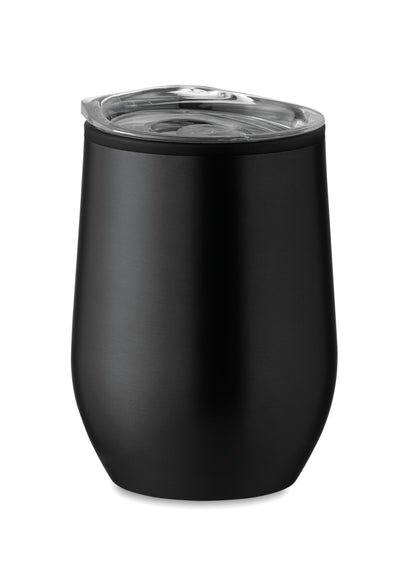Doppelwandiger Trinkbecher aus Edelstahl mit PP-Innenseite und transparentem PS-Deckel. Füllmenge: 350 ml.