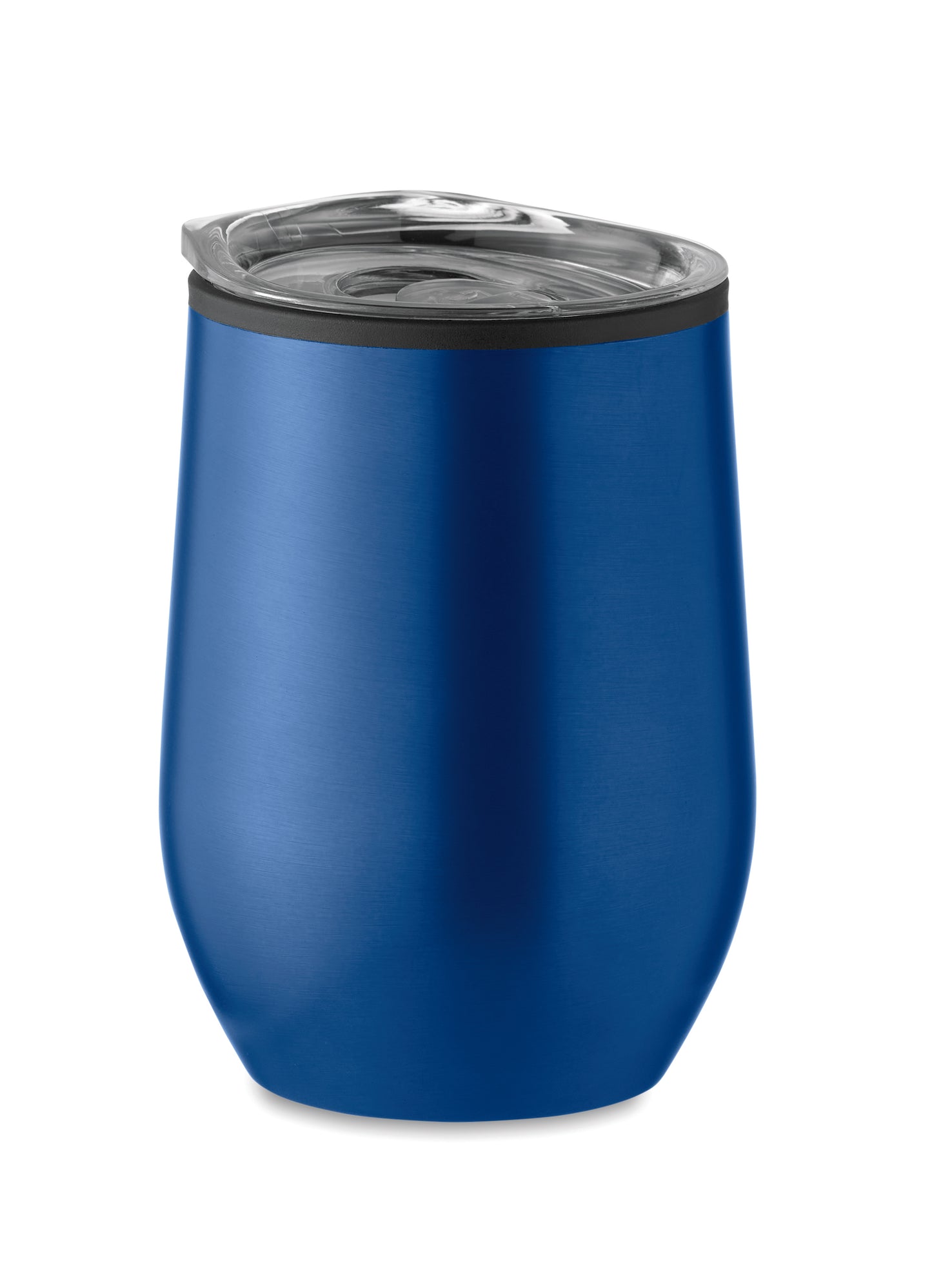 Doppelwandiger Trinkbecher aus Edelstahl mit PP-Innenseite und transparentem PS-Deckel. Füllmenge: 350 ml.
