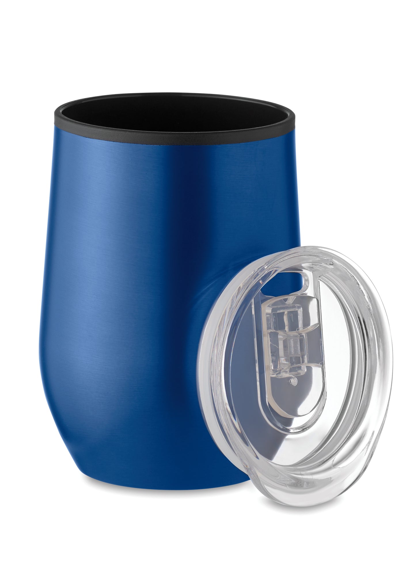 Doppelwandiger Trinkbecher aus Edelstahl mit PP-Innenseite und transparentem PS-Deckel. Füllmenge: 350 ml.