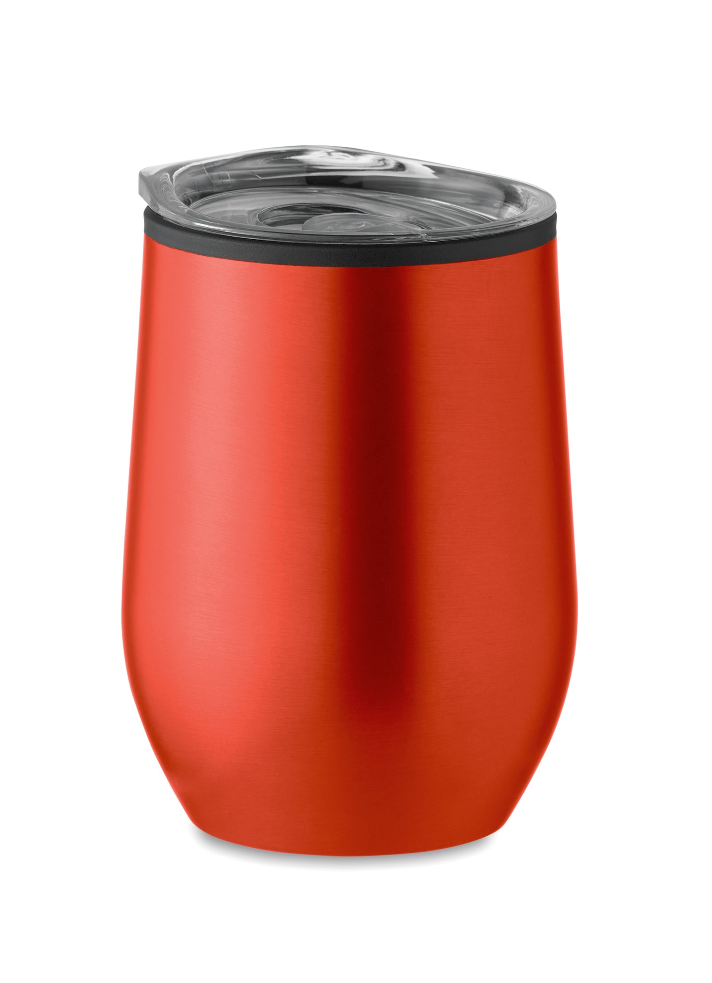 Doppelwandiger Trinkbecher aus Edelstahl mit PP-Innenseite und transparentem PS-Deckel. Füllmenge: 350 ml.