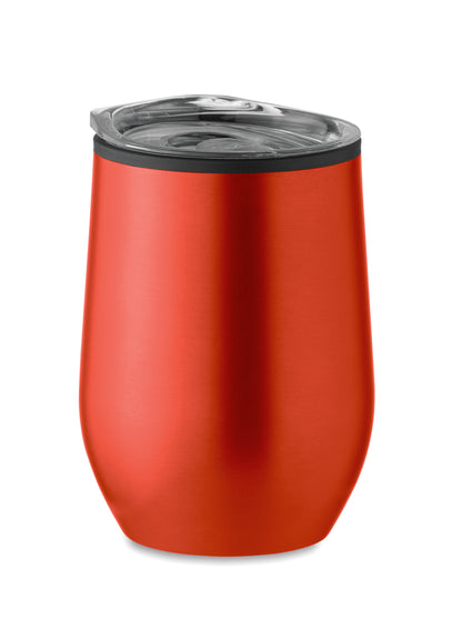 Doppelwandiger Trinkbecher aus Edelstahl mit PP-Innenseite und transparentem PS-Deckel. Füllmenge: 350 ml.
