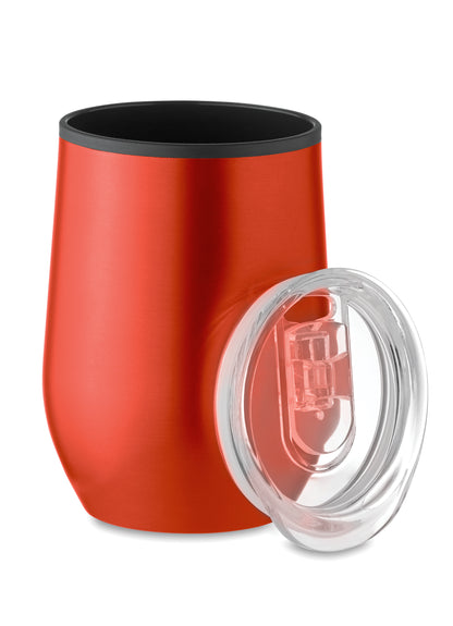 Doppelwandiger Trinkbecher aus Edelstahl mit PP-Innenseite und transparentem PS-Deckel. Füllmenge: 350 ml.