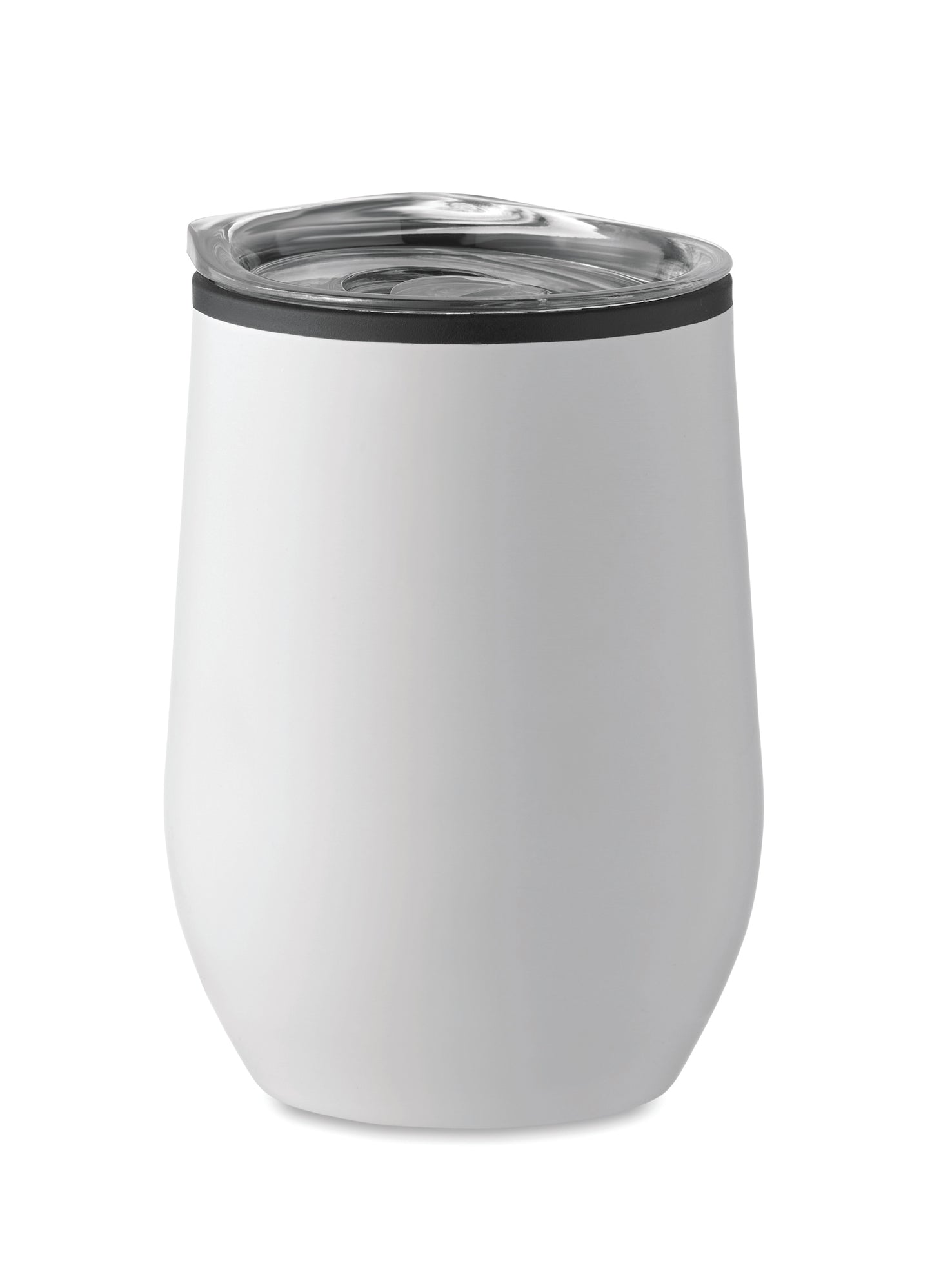 Doppelwandiger Trinkbecher aus Edelstahl mit PP-Innenseite und transparentem PS-Deckel. Füllmenge: 350 ml.