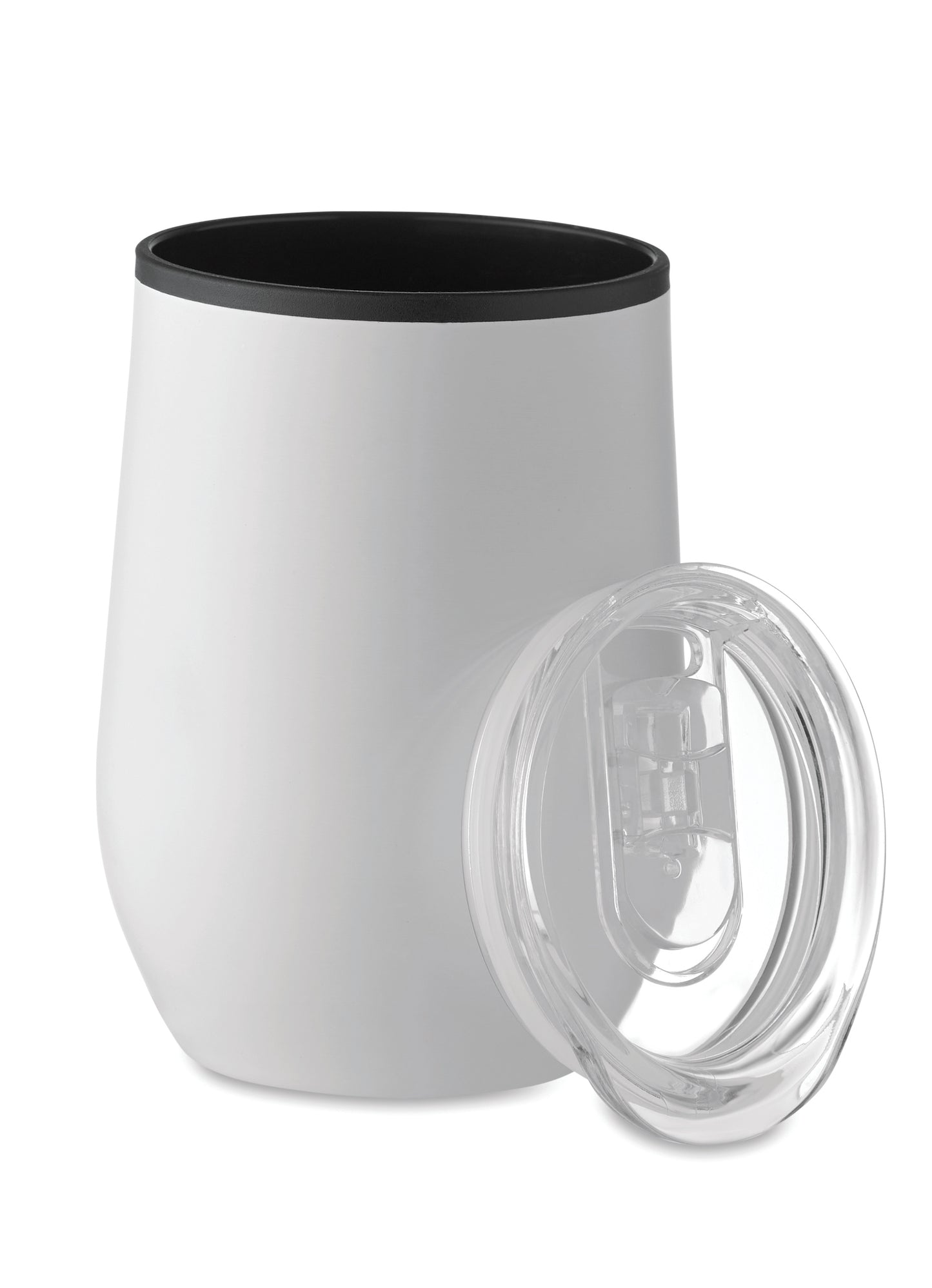 Doppelwandiger Trinkbecher aus Edelstahl mit PP-Innenseite und transparentem PS-Deckel. Füllmenge: 350 ml.
