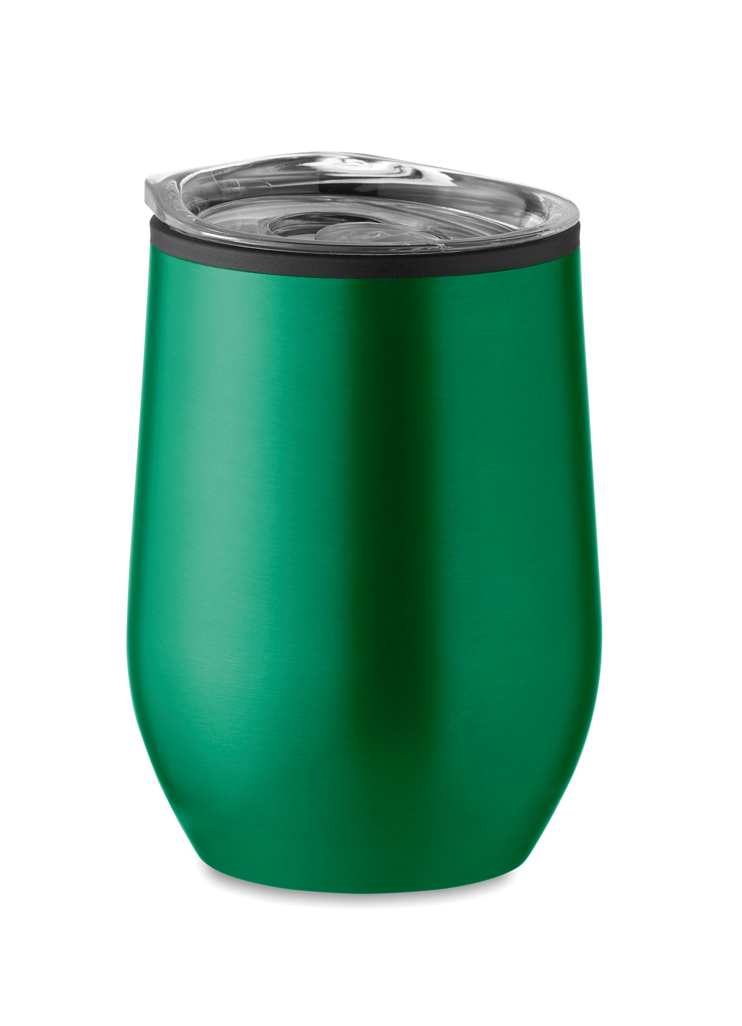 Doppelwandiger Trinkbecher aus Edelstahl mit PP-Innenseite und transparentem PS-Deckel. Füllmenge: 350 ml.