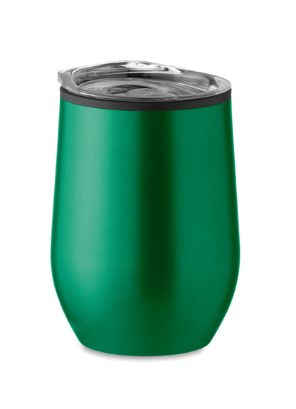 Doppelwandiger Trinkbecher aus Edelstahl mit PP-Innenseite und transparentem PS-Deckel. Füllmenge: 350 ml.
