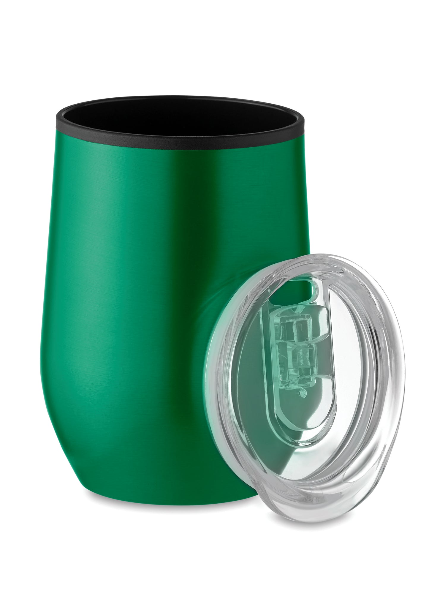 Doppelwandiger Trinkbecher aus Edelstahl mit PP-Innenseite und transparentem PS-Deckel. Füllmenge: 350 ml.