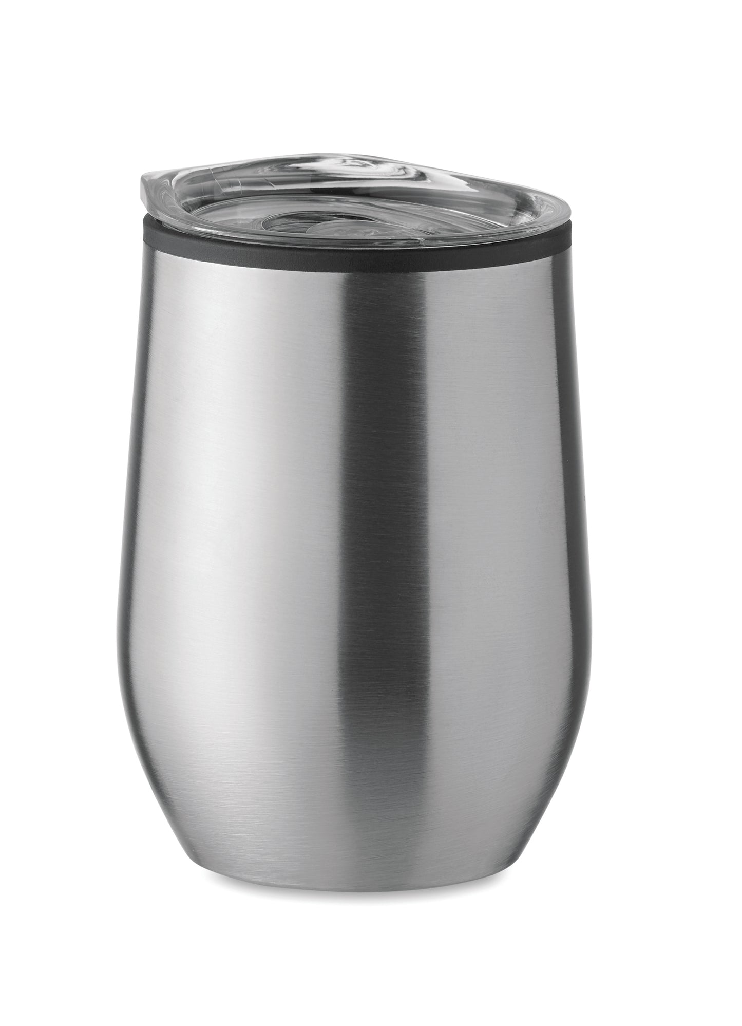 Doppelwandiger Trinkbecher aus Edelstahl mit PP-Innenseite und transparentem PS-Deckel. Füllmenge: 350 ml.