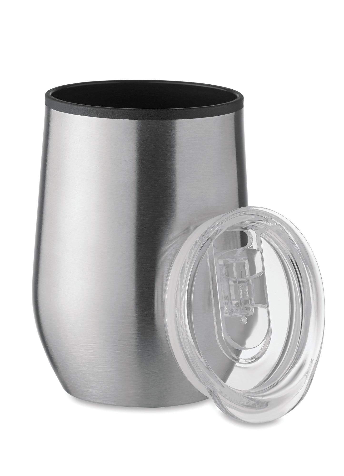 Doppelwandiger Trinkbecher aus Edelstahl mit PP-Innenseite und transparentem PS-Deckel. Füllmenge: 350 ml.