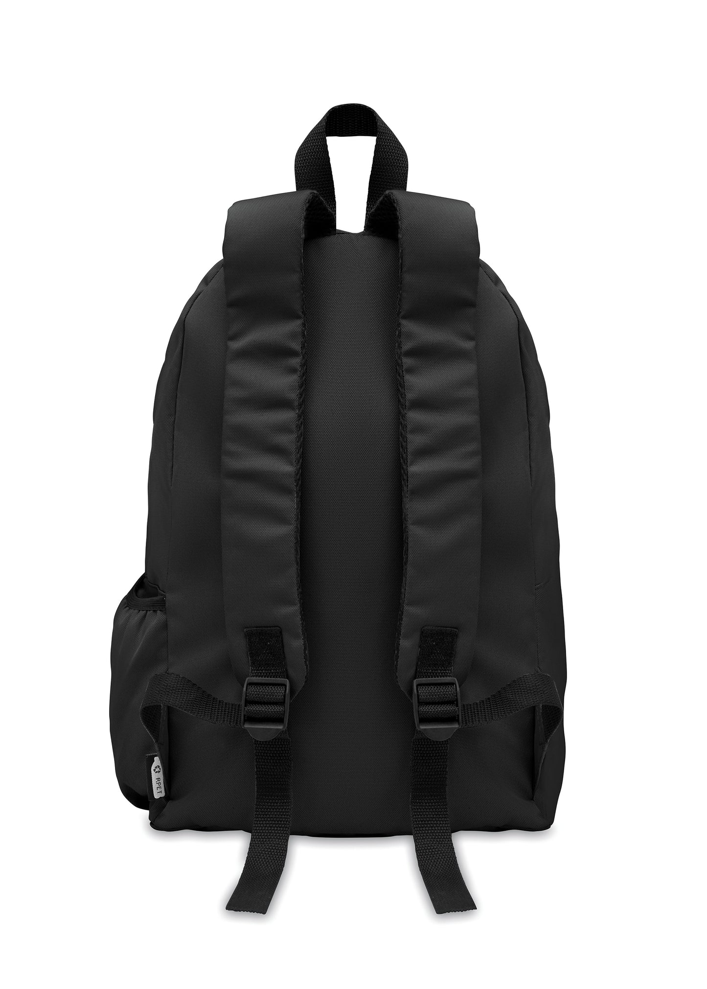 Rucksack mit Reißverschluss-Außentasche. Gepolsterter Rücken und seitliches Flaschenfach. 600D RPET-Polyester.
