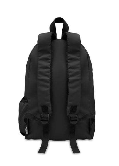 Rucksack mit Reißverschluss-Außentasche. Gepolsterter Rücken und seitliches Flaschenfach. 600D RPET-Polyester.