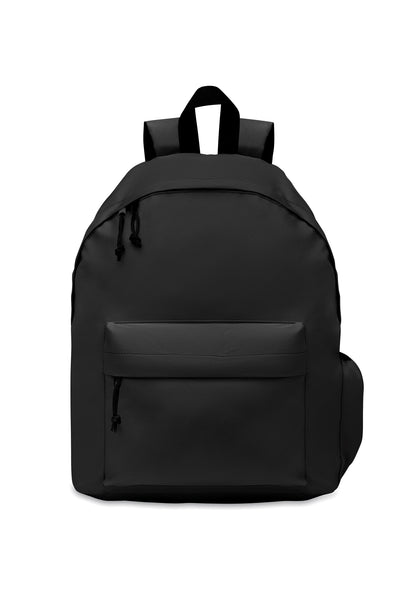 Rucksack mit Reißverschluss-Außentasche. Gepolsterter Rücken und seitliches Flaschenfach. 600D RPET-Polyester.