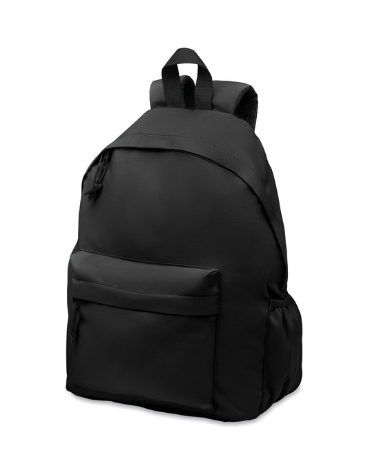 Rucksack mit Reißverschluss-Außentasche. Gepolsterter Rücken und seitliches Flaschenfach. 600D RPET-Polyester.