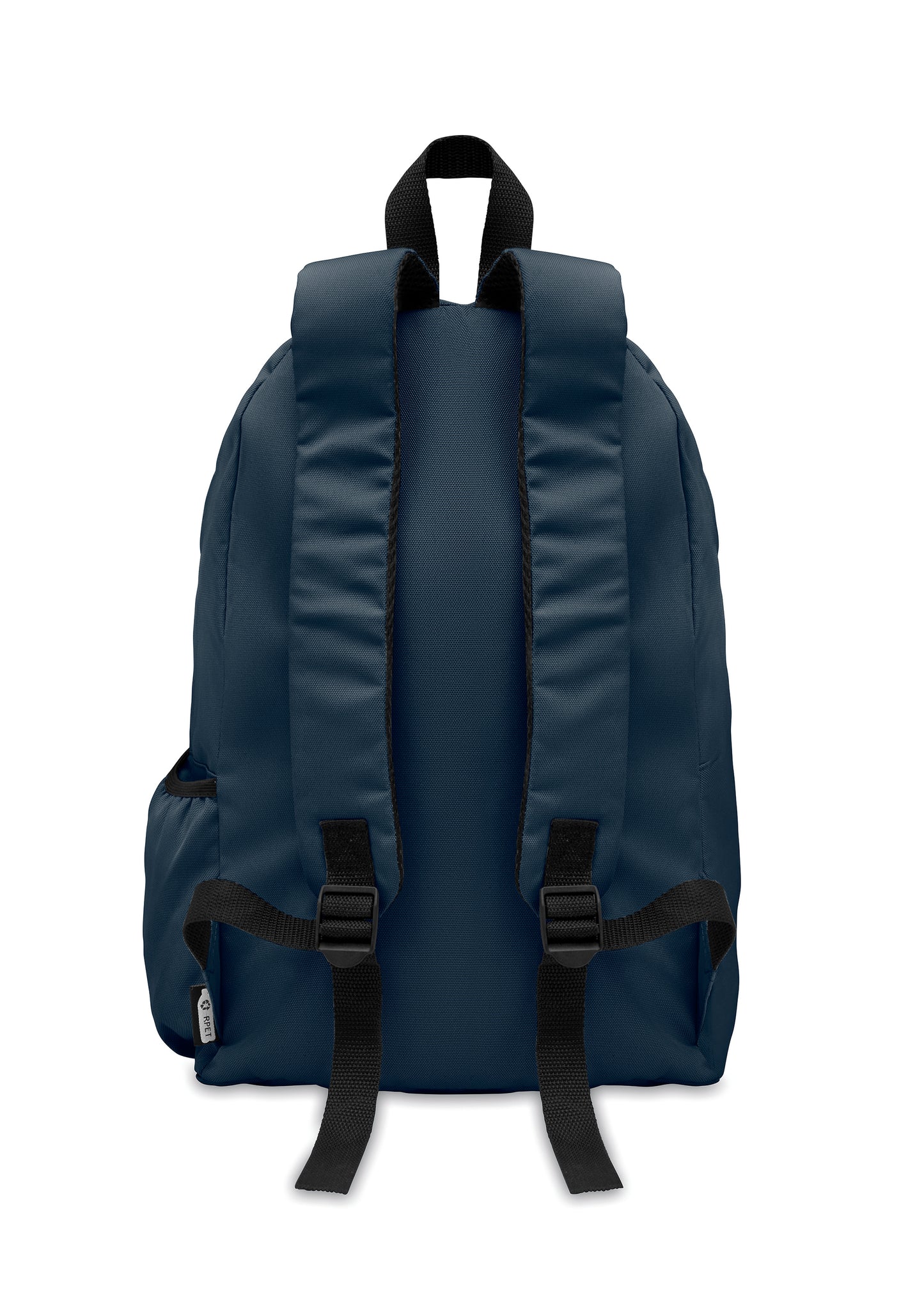 Rucksack mit Reißverschluss-Außentasche. Gepolsterter Rücken und seitliches Flaschenfach. 600D RPET-Polyester.