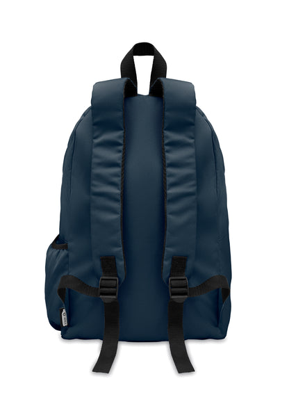 Rucksack mit Reißverschluss-Außentasche. Gepolsterter Rücken und seitliches Flaschenfach. 600D RPET-Polyester.