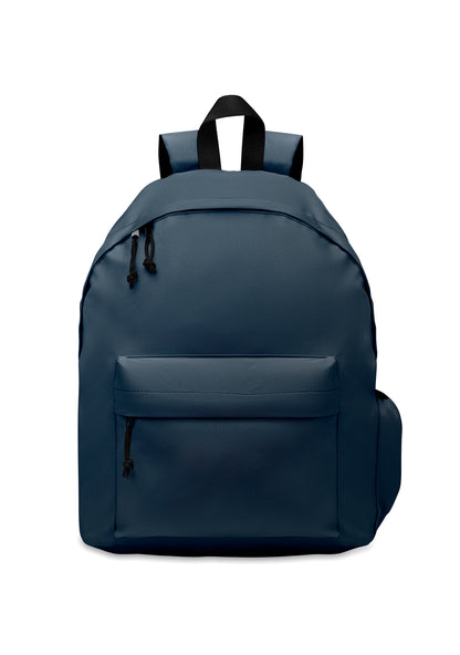 Rucksack mit Reißverschluss-Außentasche. Gepolsterter Rücken und seitliches Flaschenfach. 600D RPET-Polyester.