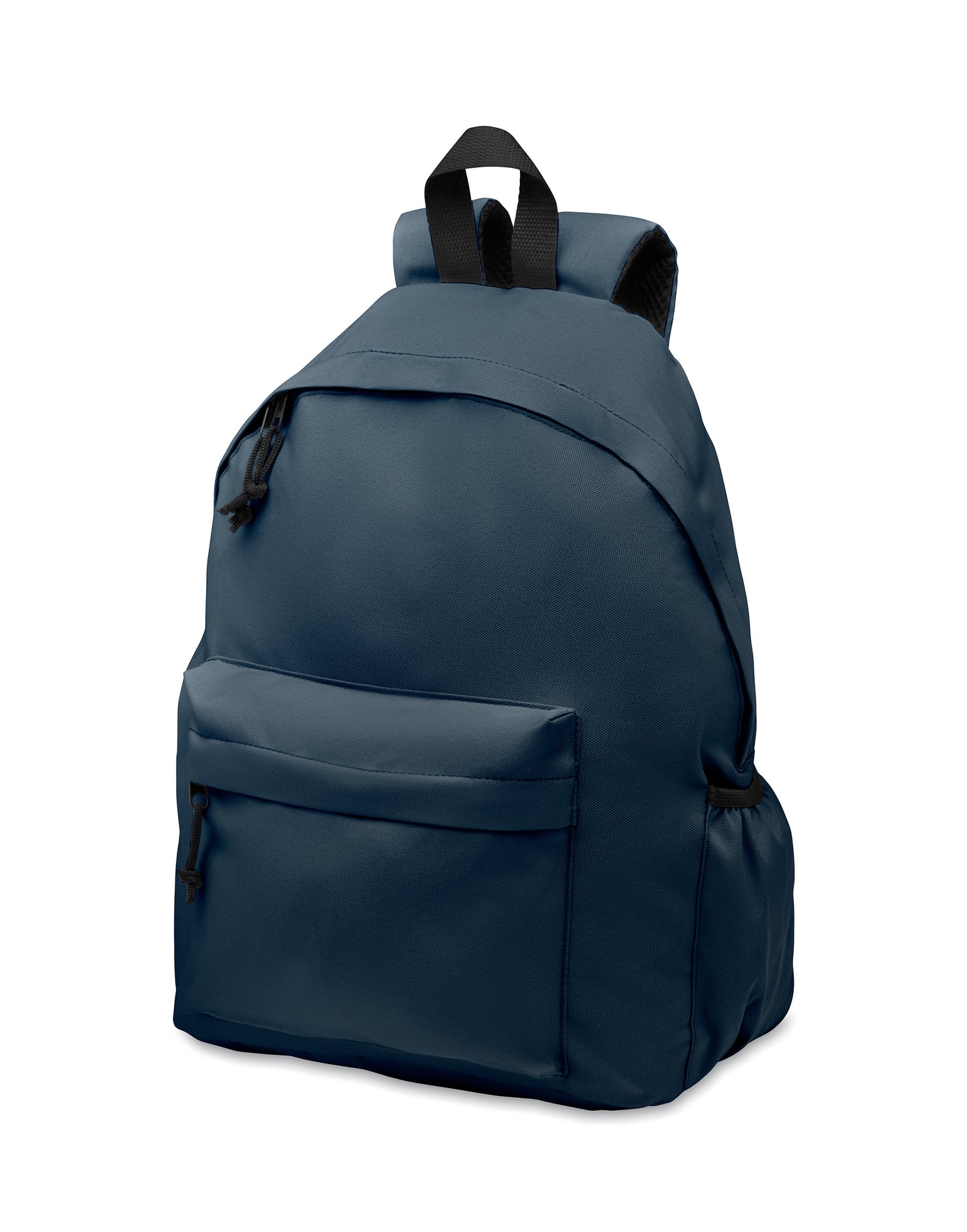 Rucksack mit Reißverschluss-Außentasche. Gepolsterter Rücken und seitliches Flaschenfach. 600D RPET-Polyester.