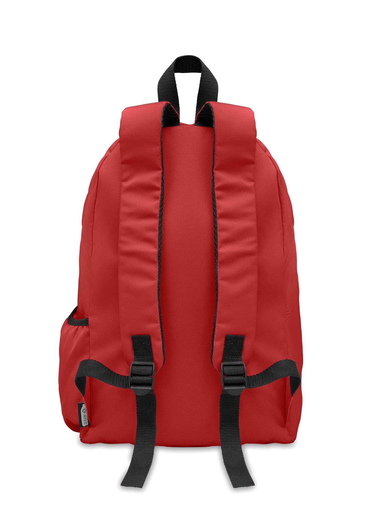Rucksack mit Reißverschluss-Außentasche. Gepolsterter Rücken und seitliches Flaschenfach. 600D RPET-Polyester.