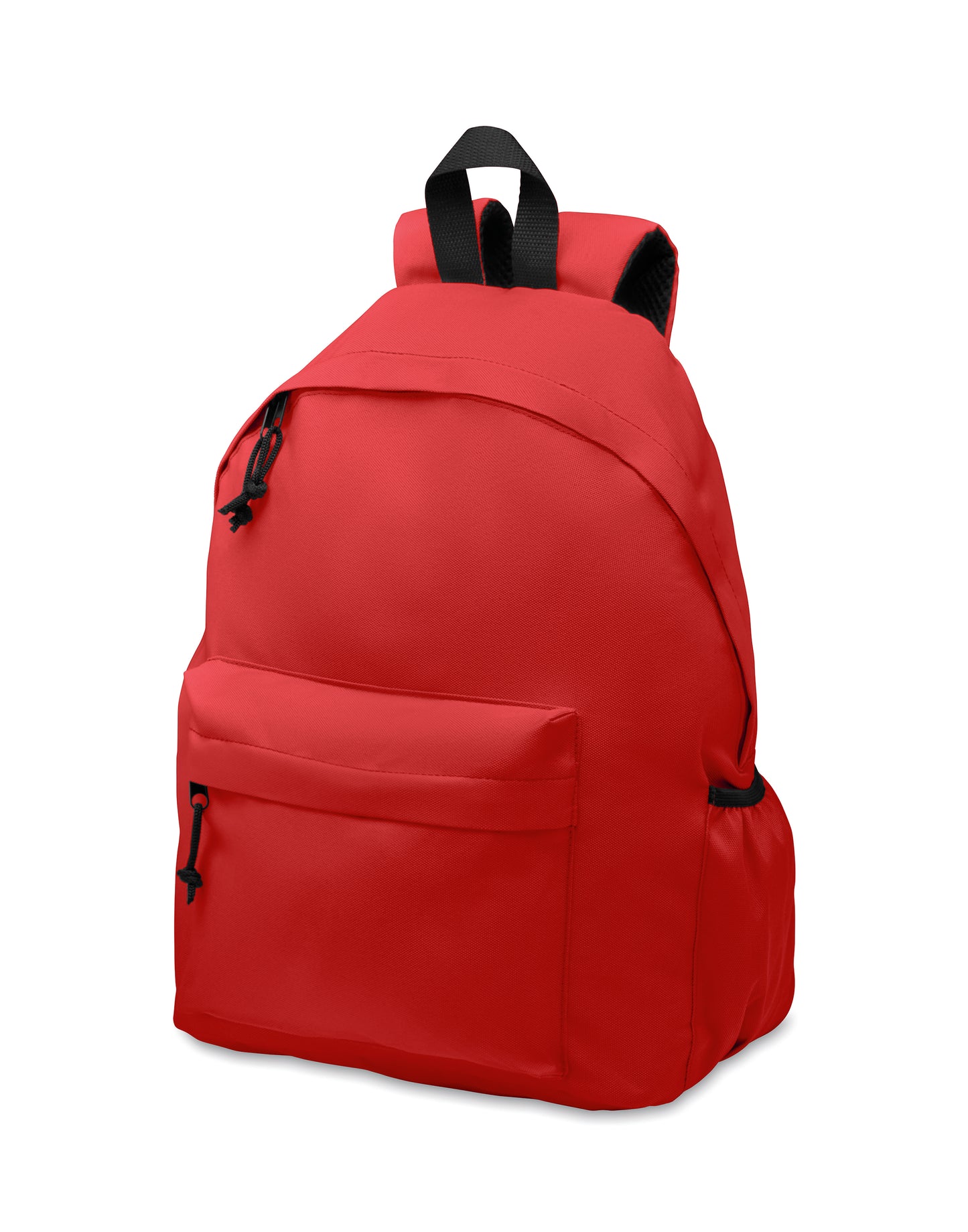 Rucksack mit Reißverschluss-Außentasche. Gepolsterter Rücken und seitliches Flaschenfach. 600D RPET-Polyester.