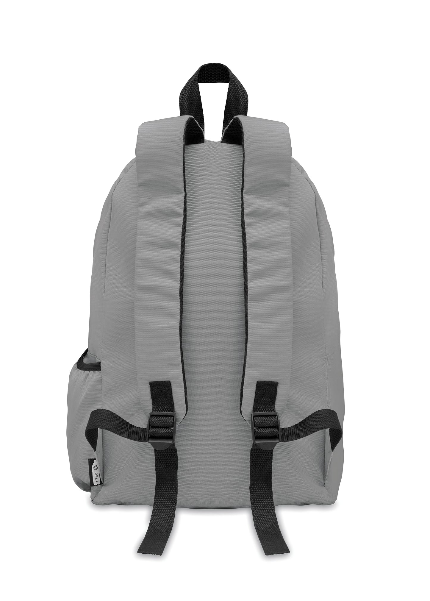 Rucksack mit Reißverschluss-Außentasche. Gepolsterter Rücken und seitliches Flaschenfach. 600D RPET-Polyester.