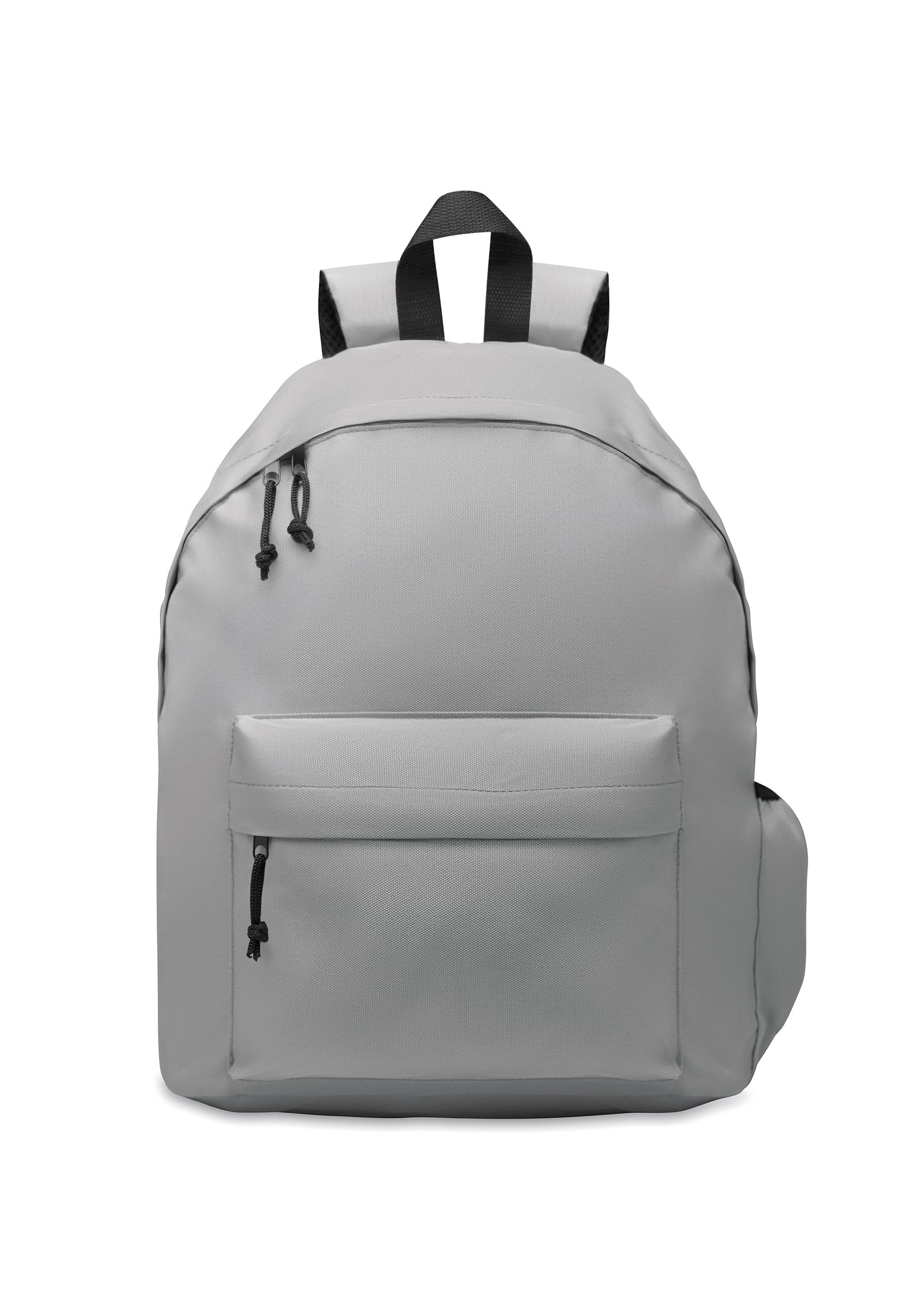Rucksack mit Reißverschluss-Außentasche. Gepolsterter Rücken und seitliches Flaschenfach. 600D RPET-Polyester.