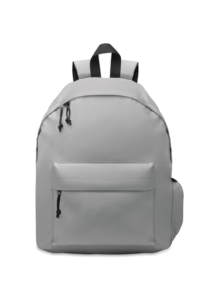 Rucksack mit Reißverschluss-Außentasche. Gepolsterter Rücken und seitliches Flaschenfach. 600D RPET-Polyester.