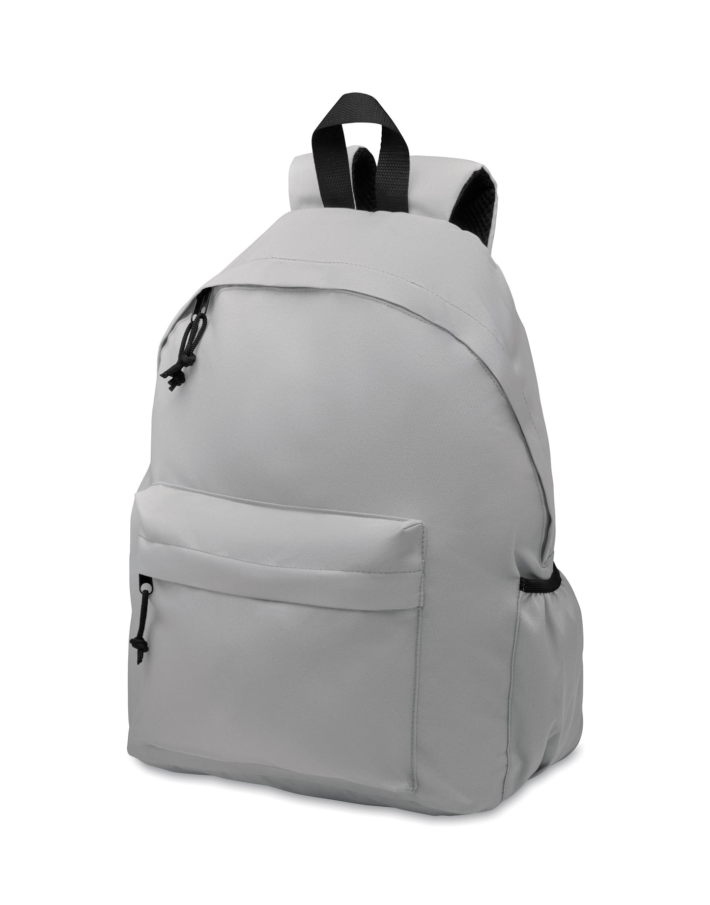 Rucksack mit Reißverschluss-Außentasche. Gepolsterter Rücken und seitliches Flaschenfach. 600D RPET-Polyester.