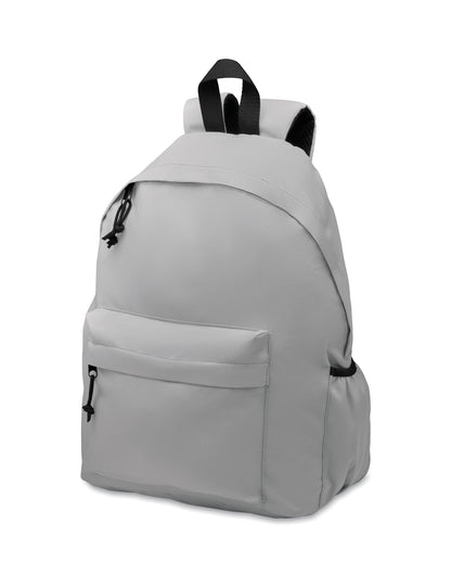 Rucksack mit Reißverschluss-Außentasche. Gepolsterter Rücken und seitliches Flaschenfach. 600D RPET-Polyester.