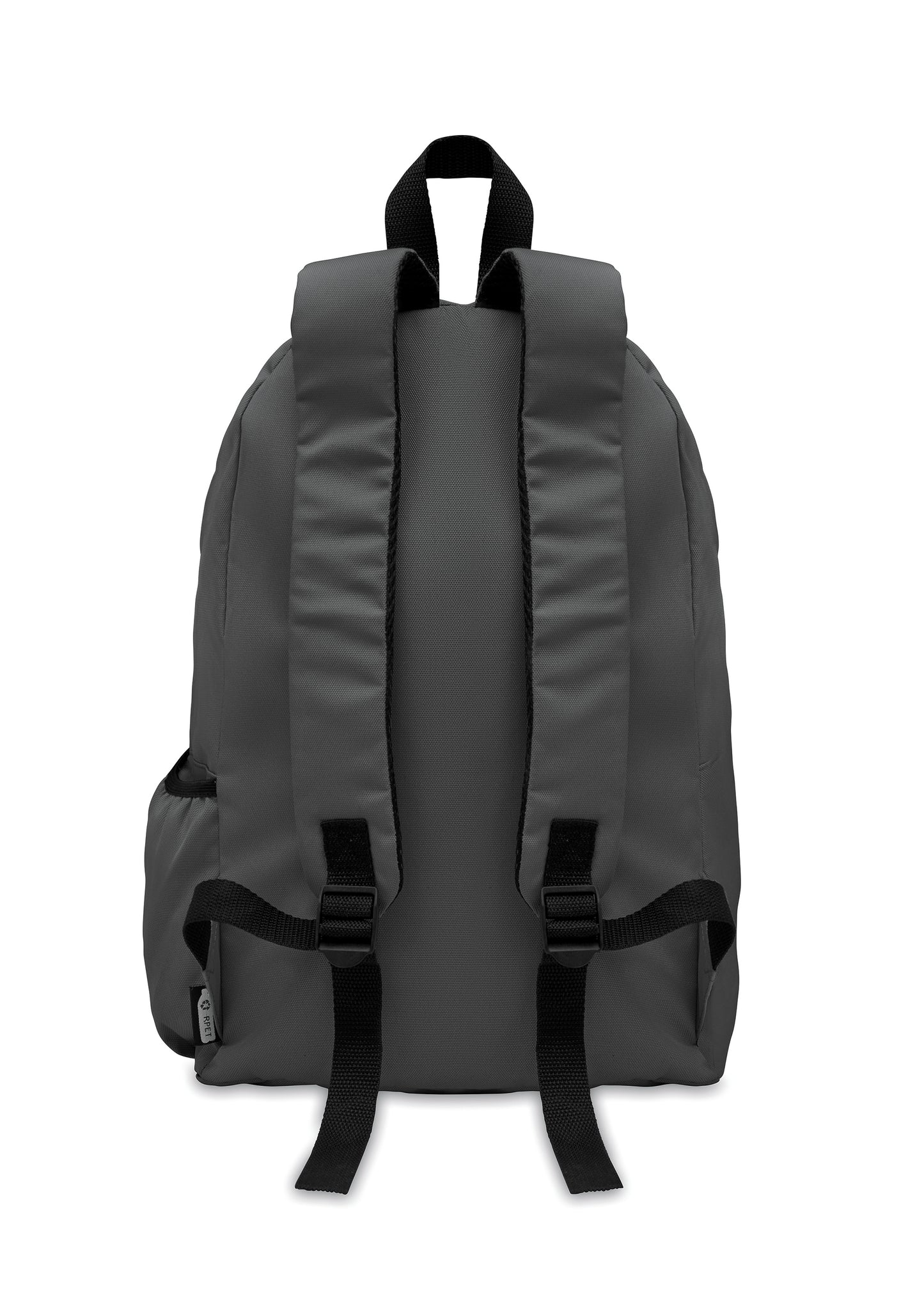 Rucksack mit Reißverschluss-Außentasche. Gepolsterter Rücken und seitliches Flaschenfach. 600D RPET-Polyester.