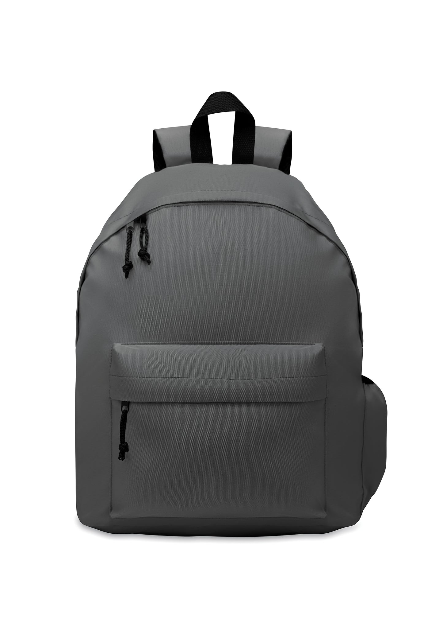 Rucksack mit Reißverschluss-Außentasche. Gepolsterter Rücken und seitliches Flaschenfach. 600D RPET-Polyester.